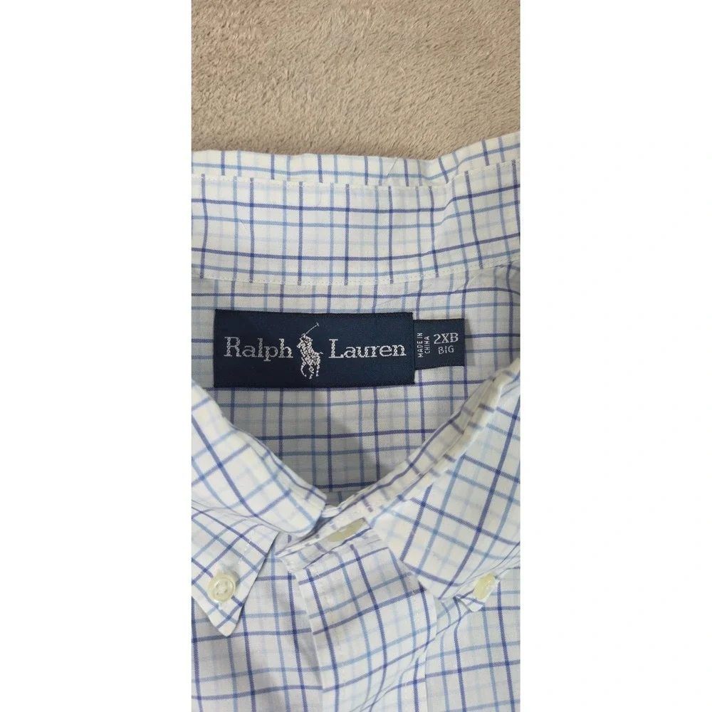 Vintage Polo Ralph Lauren Polo Shirt Men 2XB Big Blue Plaid Pleated S/S EUC